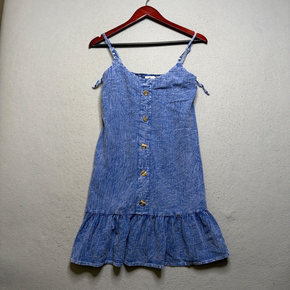 Mr. Buho Sundress Women Size M Blue Acid Wash Cotton Button Front Ruffle Hem